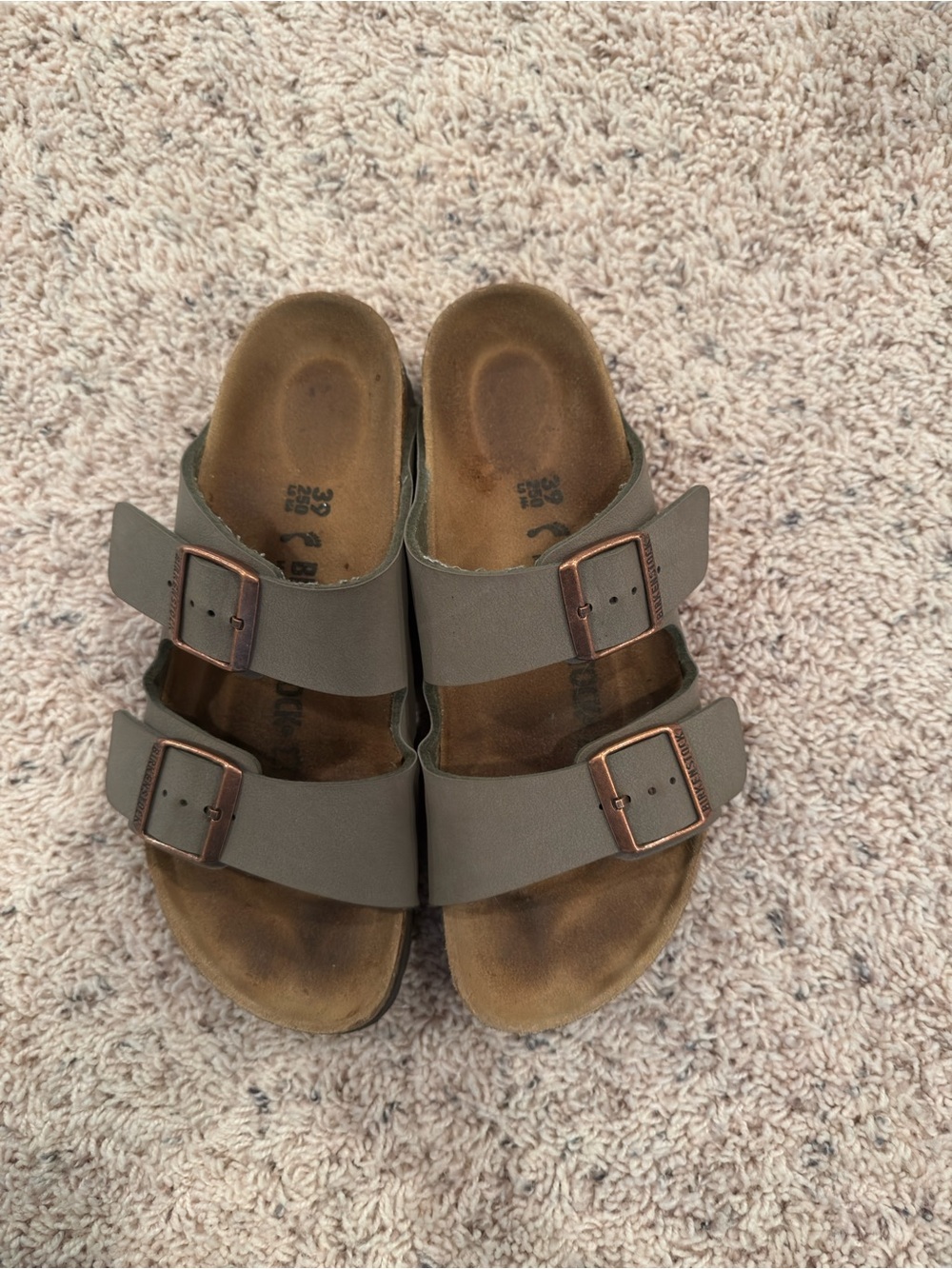 Birkenstock Double-Strap Sandals in Taupe with Copper Buckles